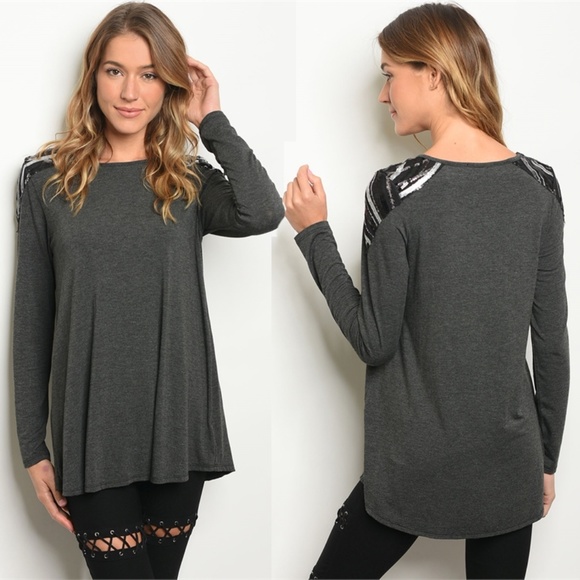 Tops - Gray and Black Sequins Top Long Sleeve